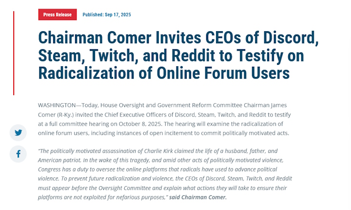 Komunikat amerykańskiego Kongresu. - Giganci wezwani na dywanik. Szefowie Steama, Discorda, Twitcha i Reddita muszą się tłumaczyć z radykalizacji użytkowników - wiadomość - 2025-09-18