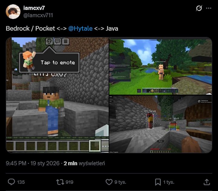 Screeny z moda Hytale / Minecraft. Źródło: Sadat Sahib - „Jak to może działać?”. Moder umożliwia crossplay między Hytale a Minecraftem i sprawia, że wszystkim opadają szczęki - wiadomość - 2026-01-22