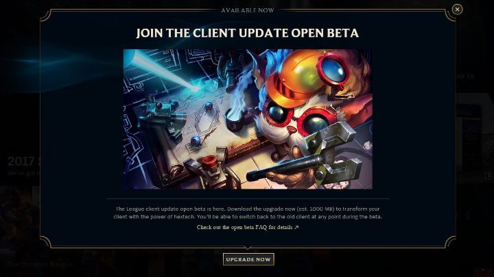 Po włączeniu klienta powita nas informacja o możliwej aktualizacji. - Nowy klient League of Legends wchodzi w fazę otwartej bety - wiadomość - 2016-11-17