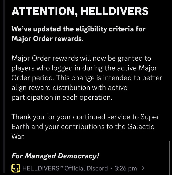 Źródło: Mister_Chelovek / Reddit - Koniec zarabiania na walce innych graczy. Twórcy Helldivers 2 nie będą nagradzać helldiverów, którzy nie przyłożyli się do rozkazów - wiadomość - 2026-04-23