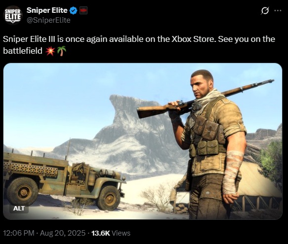 Ogłoszenie o powrocie gry Sniper Elite III: Afrika do Xbox Store. Źródło: X.