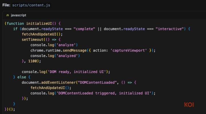 Fragment skryptu, który wykonuje zadanie przechwytywania zrzutów ekranu. Źródło: Koi Security, Cyberinsider - Jedno z rozszerzeń Chrome z poważną luką bezpieczeństwa. Odkryto, że rejestruje aktywność użytkownika bez jego wiedzy - wiadomość - 2025-08-21