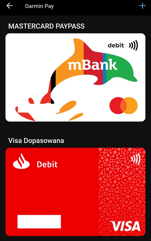 Do Garmin Pay możemy mieć podpiętą więcej niż jedną kartę. Źródło: własne.