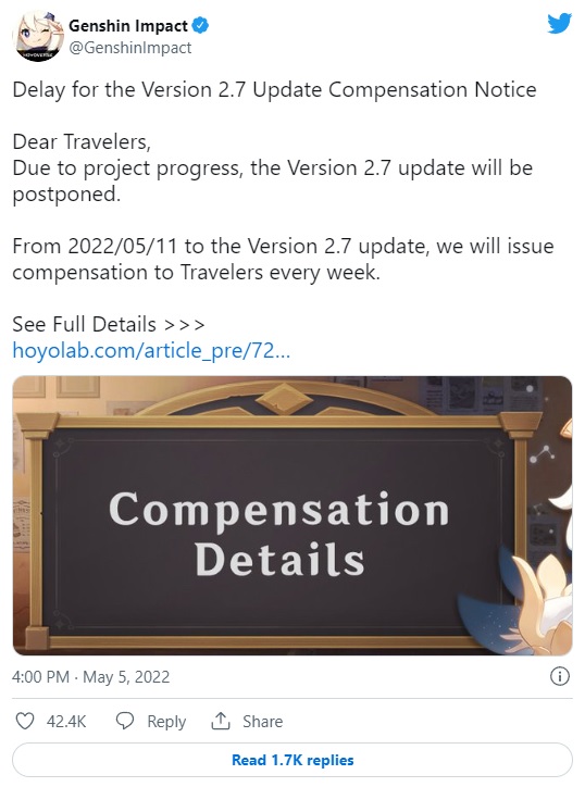 Patch 2.7 do Genshin Impact opóźniony. Pierwsza obsuwa w historii gry [Aktualizacja] - ilustracja #1