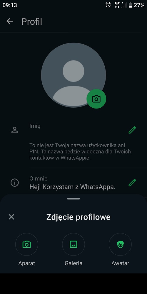 WhatsApp pozwala w prosty sposób zmienić zdjęcie profilowe. Źródło: własne.