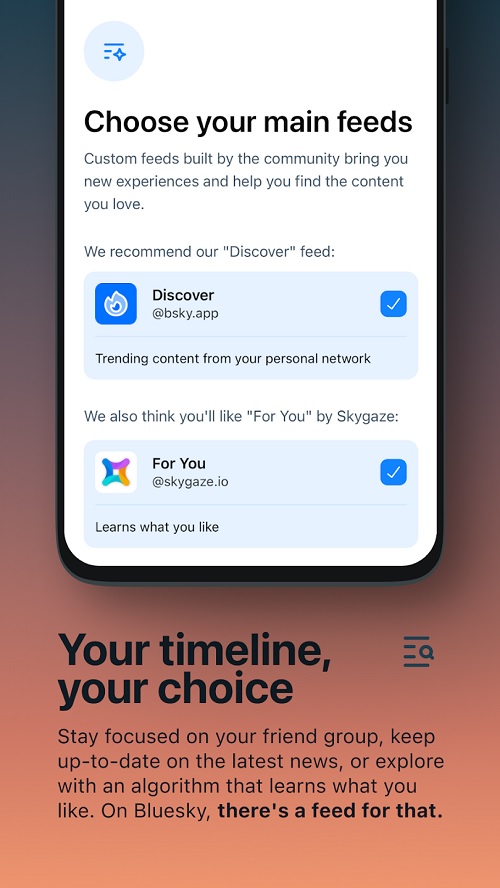 Najmocniejszą stroną Bluesky ma być fakt, że użytkownik ma tu pełną kontrolę nad wyświetlanymi mu treściami. Źródło: Bluesky PBLLC / Google Play.