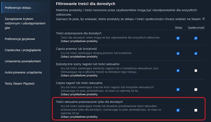 Filtrowanie treści seksualnych tylko dla dorosłych na Steamie. Źródło: własne. - Jak ukryć gry 18+ i NSFW na Steamie? Odpowiadamy - wiadomość - 2025-02-14
