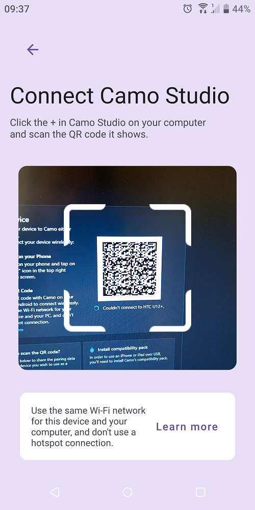 Po zainstalowaniu programu Camo na komputerze i urządzeniu mobilnym wystarczy jedynie zeskanować kod QR. Źródło: własne.