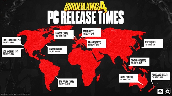 Mapa przedstawiająca godzinę premiery Borderlands 4 w poszczególnych częściach świata. Źródło: Gearbox Software / 2K Games / Steam. - Niespodzianka w kwestii premiery Borderlands 4. W Polsce zagramy już dziś - wiadomość - 2025-09-11