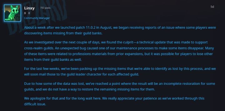 Źródło: forums.blizzard.com - Po 13 latach gildia w WoW-ie straciła wszystkie itemy, a support nie zwrócił nawet jednego. To część większego problemu - wiadomość - 2024-09-25