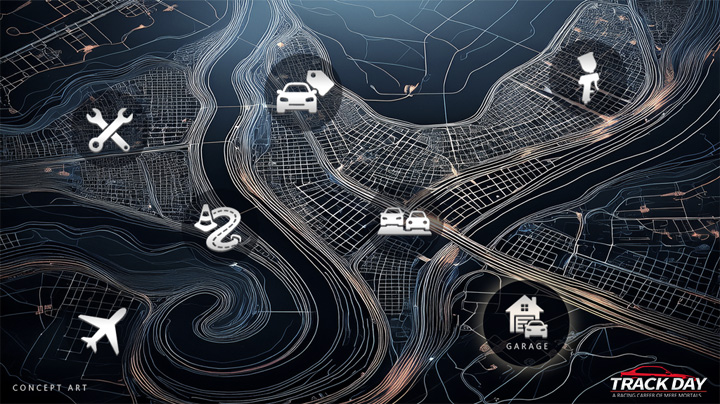 Grafika koncepcyjna menu trybu kariery. - W nowej grze wyścigowej nie kupisz od razu auta prosto z salonu. Twoja kariera w Track Day zacznie się od gruza z komisu - wiadomość - 2025-09-19
