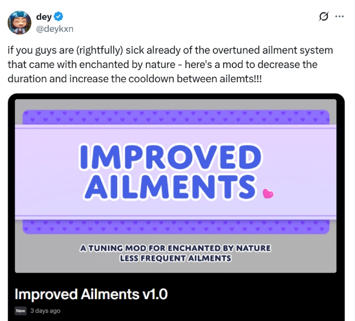 Jeśli macie już (słusznie) dość przesadzonego systemu dolegliwości, który pojawił się wraz z Czarem natury – oto mod, który skraca czas ich trwania i wydłuża ich cooldown!!! Źródło: X
