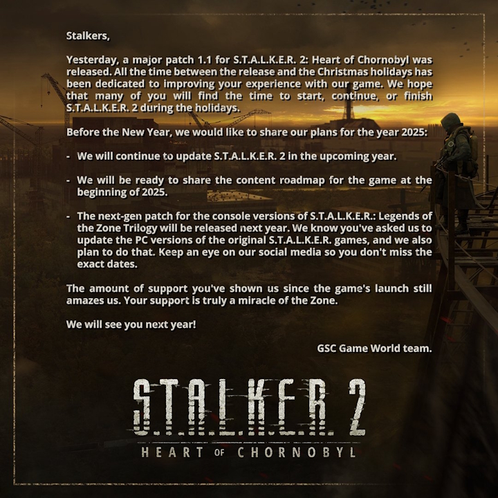 Źródło: X, @stalker_thegame. - STALKER 2 dostanie „mapę drogową”, a kultowa postapokaliptyczna trylogia ważne aktualizacje, zarówno na konsolach, jak i PC - wiadomość - 2024-12-20