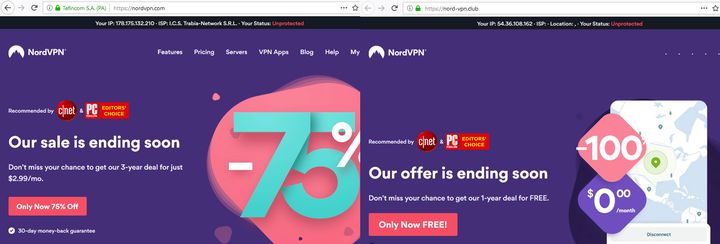 Strona wygląda niemal identycznie – jedyna różnica to adres. - Fałszywa wersja jednej z największych stron VPN rozsyła malware - wiadomość - 2019-08-21