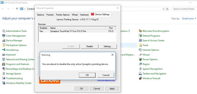Ustawienia touchpada mogą na nas czekać w Panelu sterowania. Źródło: Lenovo.