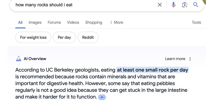 Wynik wyszukiwania w nowej wyszukiwarce Google. Źródło: Threads. - Zamiast rewolucji na razie jest mem. AI w wyszukiwarce Google potrafi udzielić absurdalnych odpowiedzi - wiadomość - 2024-05-25