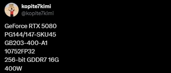 Źródło: X, @kopite7kimi. - Specyfikacja kart graficznych Nvidia GeForce RTX 5090 i RTX 5080 wyciekła do sieci - wiadomość - 2024-09-27