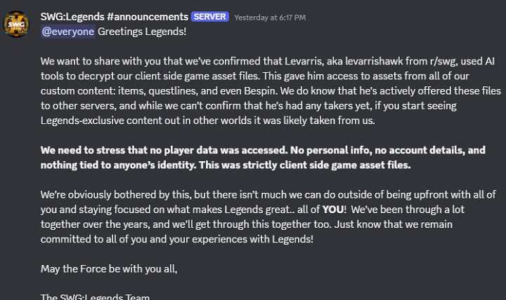 Źródło: SWG Legends Discord - 20-letnie MMO żyje dzięki fanom, a teraz jeden z nich miał użyć AI do wykradzenia pracy reszty - wiadomość - 2026-08-31