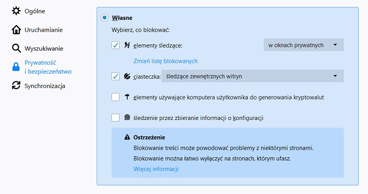 Interesujące nas ustawienia znajdziemy w opcjach przeglądarki, w zakładce „Prywatność i bezpieczeństwo”. - Nowy Firefox uniemożliwia śledzenie aktywności użytkownika - wiadomość - 2019-06-06
