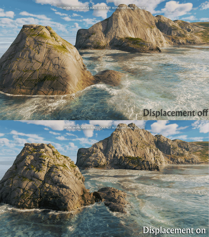 Na górze gra bez displacement mappingu, na dole wersja korzystająca z tego rozwiązania. Źródło fot. Ubisoft. - Ubisoft pomylił miesiące, więc na pierwszy gameplay z Anno 117 poczekamy dłużej. Na pocieszenie wyjaśniono, co zmieniło się w procesie tworzenia wysp - wiadomość - 2025-04-10
