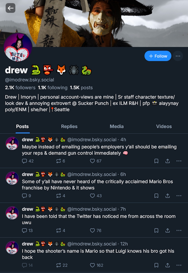 Wypowiedzi Drew Harrison na platformie BlueSky. Źródło: Drew na BlueSky - Deweloper Ghost of Yotei wywołał kontrowersje komentarzem o śmierci Charliego Kirka. Został zwolniony z Sucker Punch [Aktualizacja: komentarz studia] - wiadomość - 2025-09-22