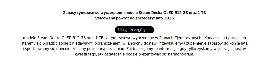 Stary komunikat na polskojęzycznym Steamie | Źródło: Steam Store - Valve wycofało Steam Decka LCD ze sprzedaży. Teraz najtańszy model jest za ponad 2500 zł - wiadomość - 2025-12-22