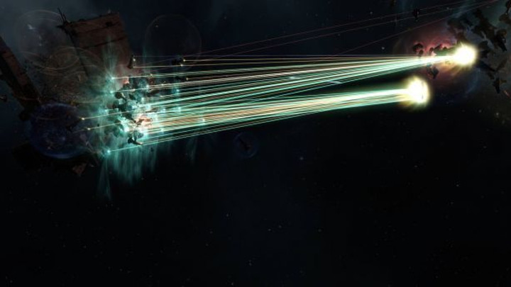 Skoordynowane salwy uwiecznione przez użytkownika Oosinoots. (Żródło: reddit.com/r/Eve) - Kolejny rekord EVE Online pobity – batalia tytanów o „Gwiazdę Śmierci” - wiadomość - 2018-08-03