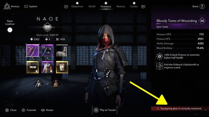 2 - Assassins Creed Shadows: Co oznacza Wyposażenie się w sprzęt jest obecnie ograniczone? - Assassins Creed Shadows - poradnik do gry