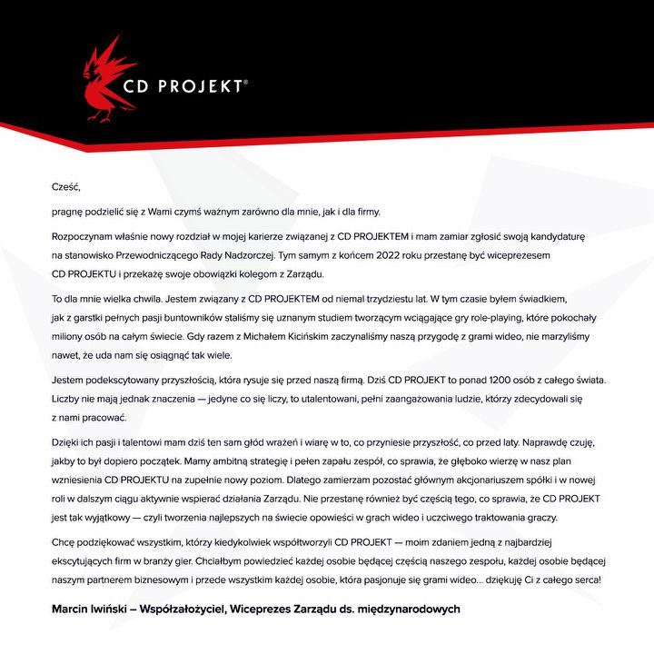 Marcin Iwiński ustępuje ze stanowiska wiceprezesa CD Projekt - ilustracja #1