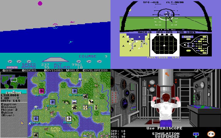 Today, a mere screenshot from any of these games would only be readable on a cellphone. From the left: Hellcat Ace, F-15 Strike Eagle, Civilization and Silent Service – hits of the early years of MicroProse. - Like Phoenix from Ashes – The Story of MicroProse - dokument - 2020-06-04