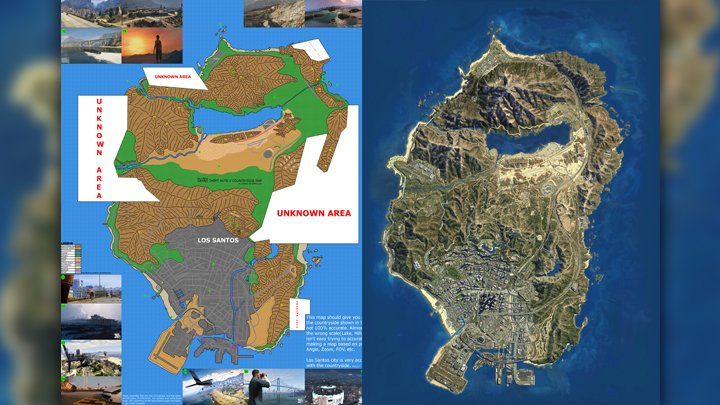 GTA V map prediction by gtaforums’ user GTAKiwi vs. the actual map. This is where analyzing dozens of screenshots over hundreds of hours gets you. - 2016-11-03