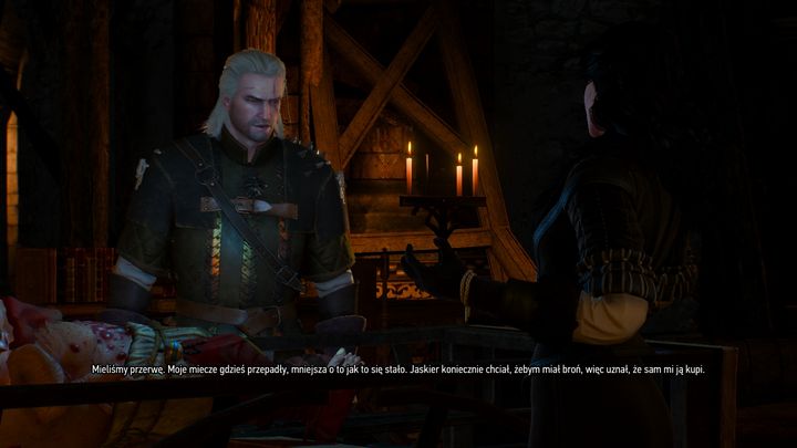 Looking to entertain Yennefer, tired after performing rituals over Uma in Kaer Morhen, Geralt tells her a short anecdote on how he lost his swords (and especially on how Dandelion unsuccessfully tried to compensate his loss). That’s another nod towards Season of Storms in The Wild Hunt. - 2017-06-16