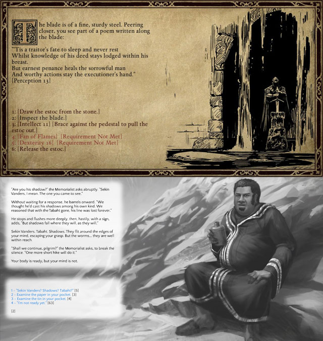 The biggest issue of the new Torment at the moment is an unequal graphic style. Some UI elements are illegible due to too bright colors. Look at those two screenshots above – these are gamebook sequences from Pillars of Eternity (above) and Tides of Numenera (below) – and you will see what’s the problem. - 2016-01-27