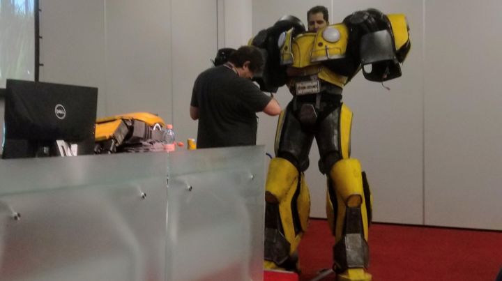 Donning the Bumblebee costume.