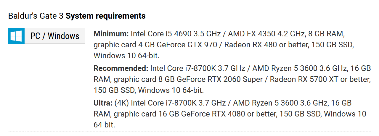 The hardware requirements for Baldur’s Gate 3 – as you can see, my equipment can't even match the minimum | Source: Gamepressure