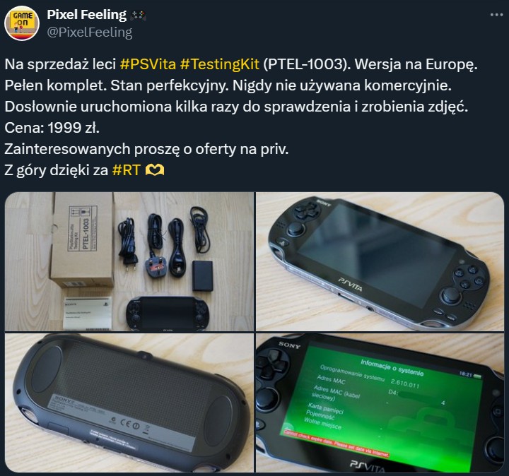 Konsola PS Vita w rzadkiej wersji Testing Kit. Źródło: PixelFeeling, X - Gracz wystawia na sprzedaż unikalną wersję PS Vita, ale nie wszystkim spodoba się jej cena - wiadomość - 2024-05-13