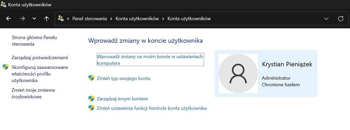 Jeśli posiadamy konto lokalne w systemie Windows 11, w Panelu sterowania znajdziemy opcję zmiany nazwy konta użytkownika. Źródło: własne. - Jak zmienić nazwę użytkownika w Windows 11? Pokazujemy dwie metody - wiadomość - 2024-05-13