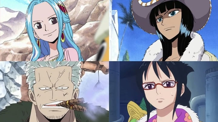 Od lewej u góry: Nefertari Vivi, Nico Robin, od lewej na dole: Smoker, Tashigi | One Piece, Toei Animation, 1999