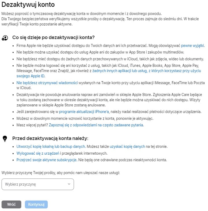 W przeciwieństwie do usunięcia konta, jego dezaktywacja jest odwracalna. Źródło: Apple. - Jak usunąć konto Apple ID? Omawiamy krok po kroku - wiadomość - 2024-05-09