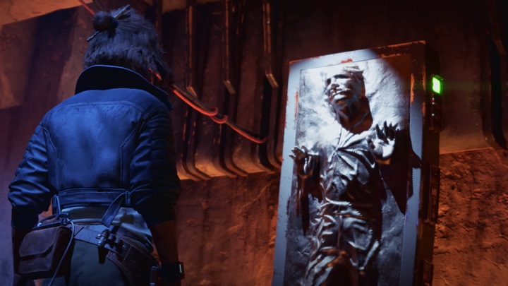 Kay Vess looking at Han Solo frozen in carbonite | Star Wars: Outlaws, Ubisoft, 2024 - In Star Wars: Outlaws, Crimson Dawn and Qi'ra Return. Forgotten After Solo: A Star Wars Story with A Chance to Tell The Story That Movies Dropped - news - 2024-04-10