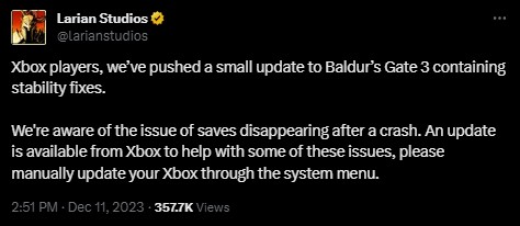 Игроки Baldur’s Gate 3 теряют прогресс на Xbox; Microsoft предлагает временное решение