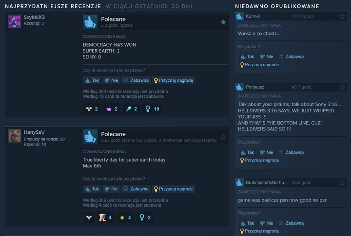 Źródło: Steam - Społeczność Helldivers 2 świętuje zwycięstwo nad Sony i wyznacza kolejną misję: przywrócenie grze pozytywnych recenzji - wiadomość - 2024-05-07