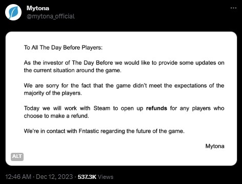 The Day Before Devs Guarantee Full Refunds on Steam; New Facts on Studio [Update] - picture #1