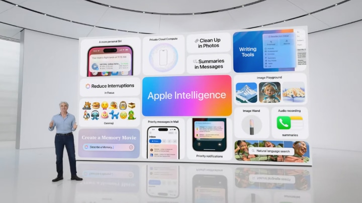 Główne funkcje AI zmieszczono na jednym screenie, ale z czasem będzie dodawanych ich więcej. - WWDC24 - Apple stawia na AI z chatGPT w nowych systemach iOS oraz macOS i goni Androida - wiadomość - 2024-06-10