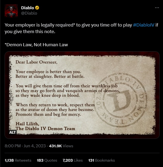 Blizzard Tries to Possess Employers to Give Employees Time Off to Play Diablo 4 - picture #1