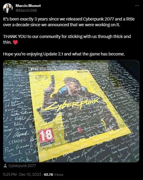 Cyberpunk 2077 Devs Thanked Gaming Community for 3 Years of Support - picture #2
