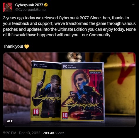 Cyberpunk 2077 Devs Thanked Gaming Community for 3 Years of Support - picture #1