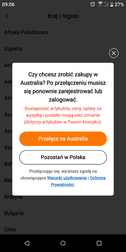 Kraj i region w aplikacji Temu możemy ustawić niezależnie od wybranego języka. Źródło: własne.