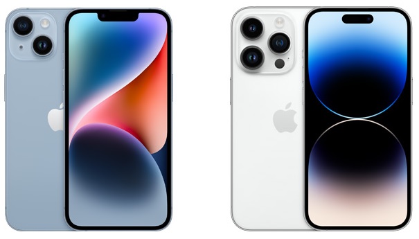 iPhone 14 oraz iPhone 14 Pro różnią się zarówno pod względem wizualnym, jak i specyfikacją. Źródło: Apple.