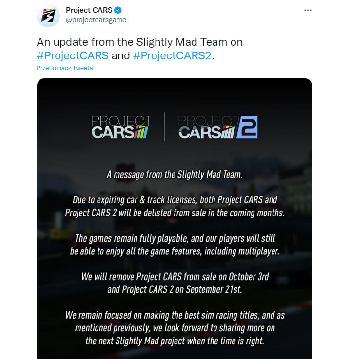 Both Project CARS and Project CARS 2 to be delisted from sale